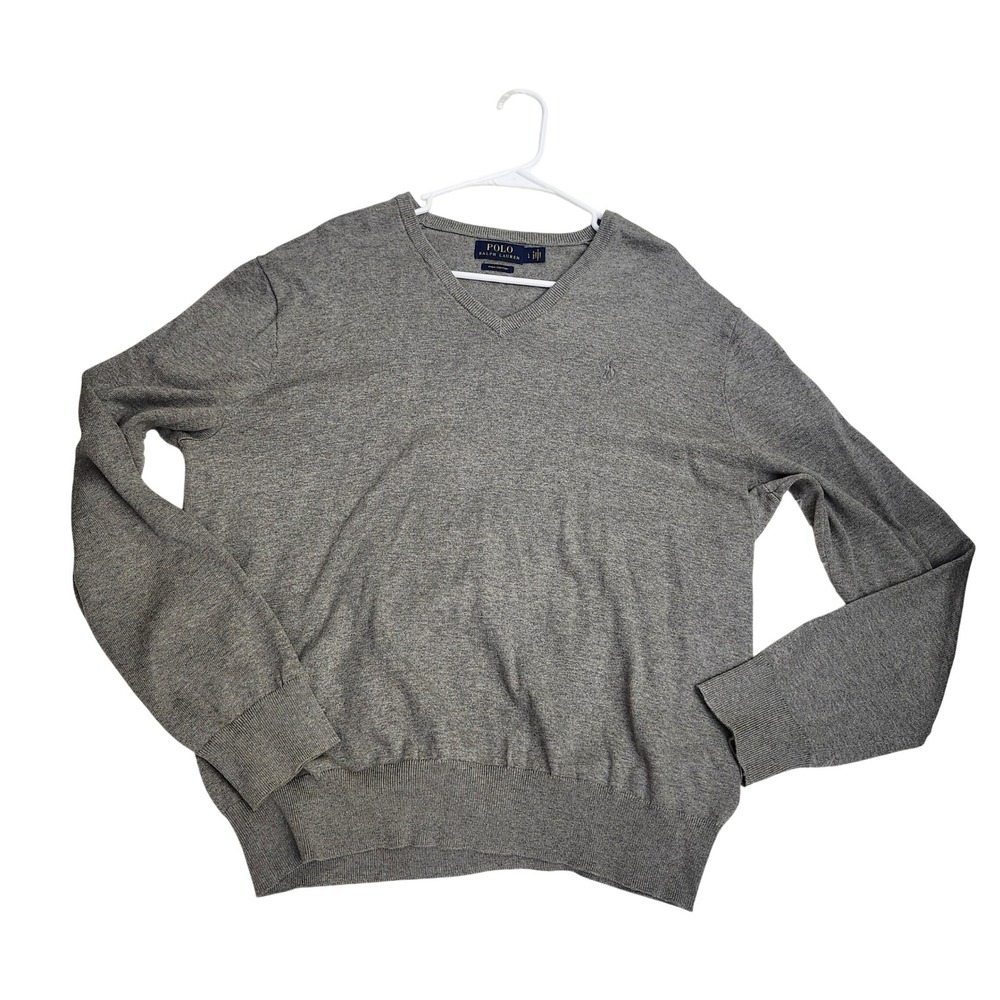 Polo Ralph Lauren Mens Grey Pima Cotton V-Neck Sweater Size L Logo Classic